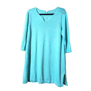 J Jill Sweater Womens Medium LINEN Tunic Aqua Blue Relaxed Fit V-neck Side Slits